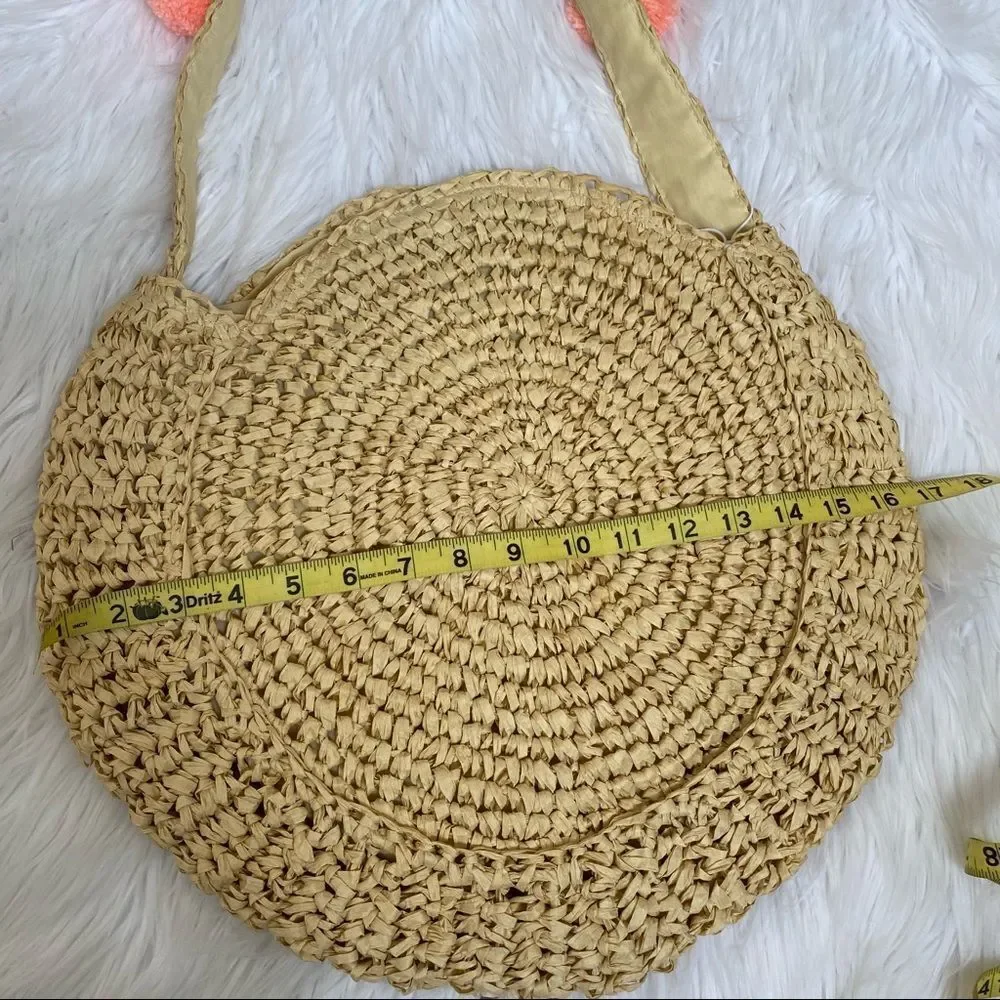 NEW SHIRALEAH round straw bag with Pom Pom strap